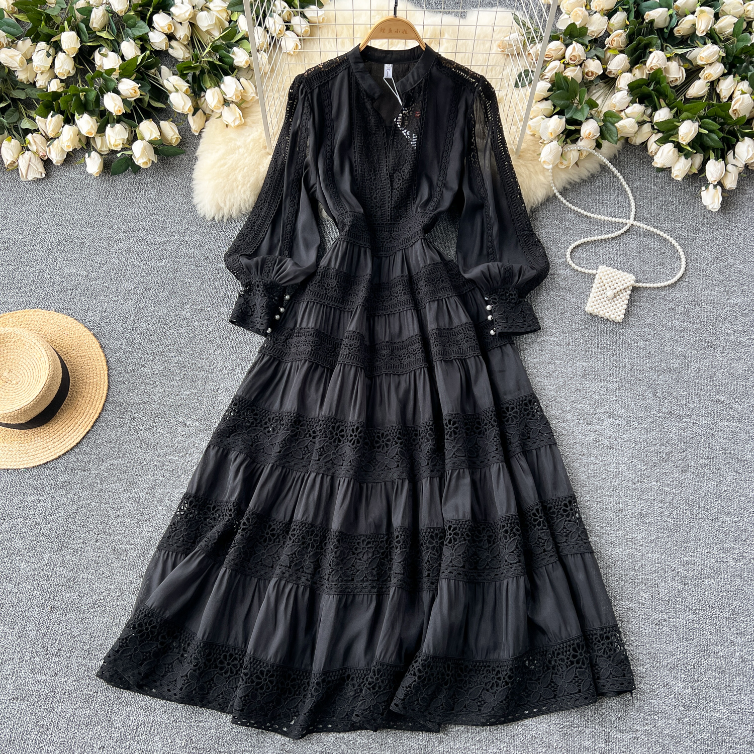 Casual Dresses Women Spring Holiday Hollow Out Embroidery Lace Splice Long Dress Women's V Neck Lantern Sleeve Zipper Evening Party Robe Vestidos