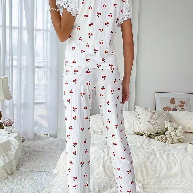 Hot selling designer home clothes cherry print sleeved lapel pajamas women, suitable for wearing long pants, two-piece set