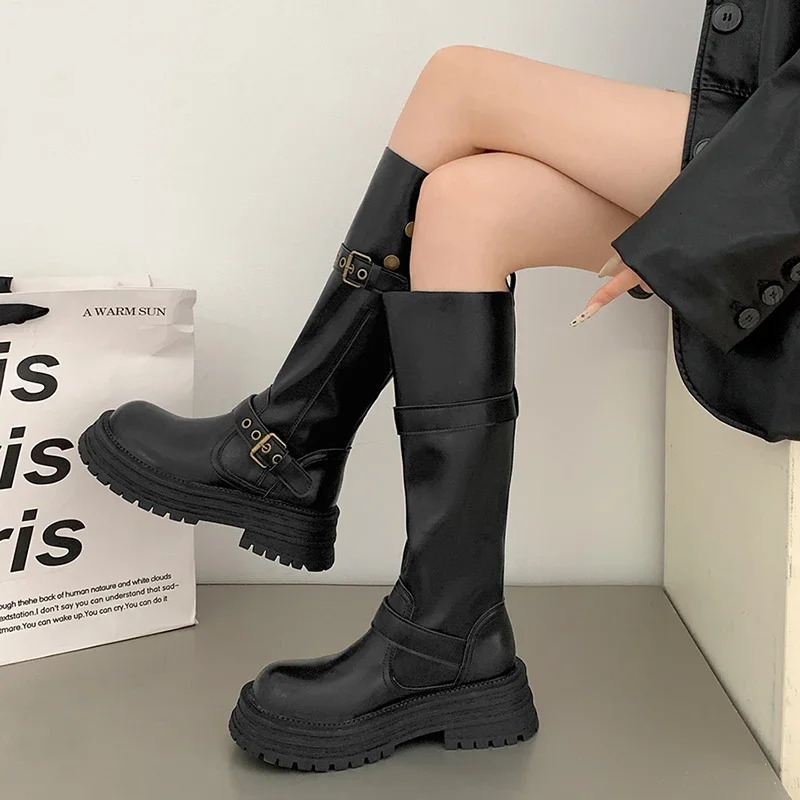 Vintage womens knight knee high boots elegant belt buckle shoes comfortable platform heels long Botas De Mujer 241206