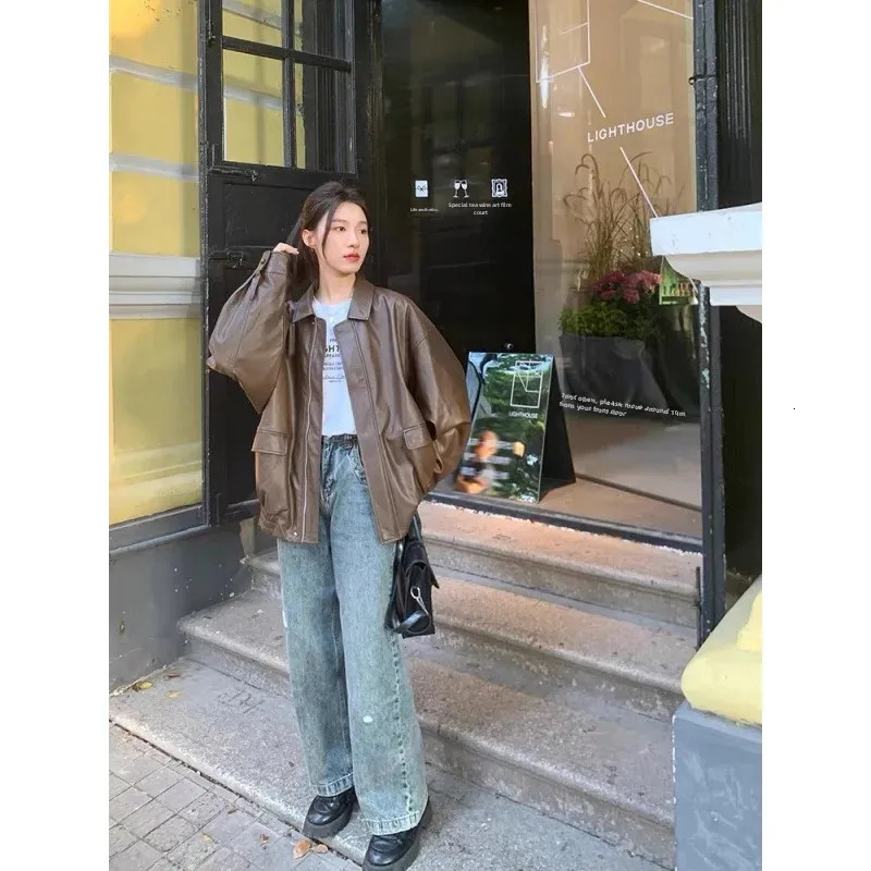 Vintage Brown Leather Womens Cropped Jacket 2024 Spring Autumn Petite Korean Style Loose Fit Cl Motorcycle Jacke 241202