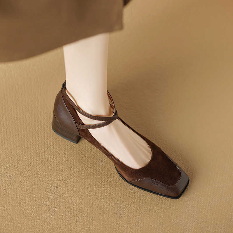 Brown Mary Jane shoes for women shallow toe crossed ankle straps thick matching shoes shallow mouth fashion work shoes