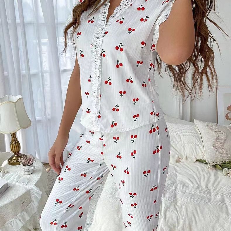 Hot selling designer home clothes cherry print sleeved lapel pajamas women, suitable for wearing long pants, two-piece set