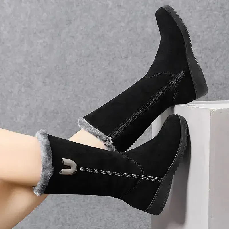 Fashionable womens warm Chelsea high wool leather boots 2024 midrange plush snow flat Zapatos Para Mujeres 241206