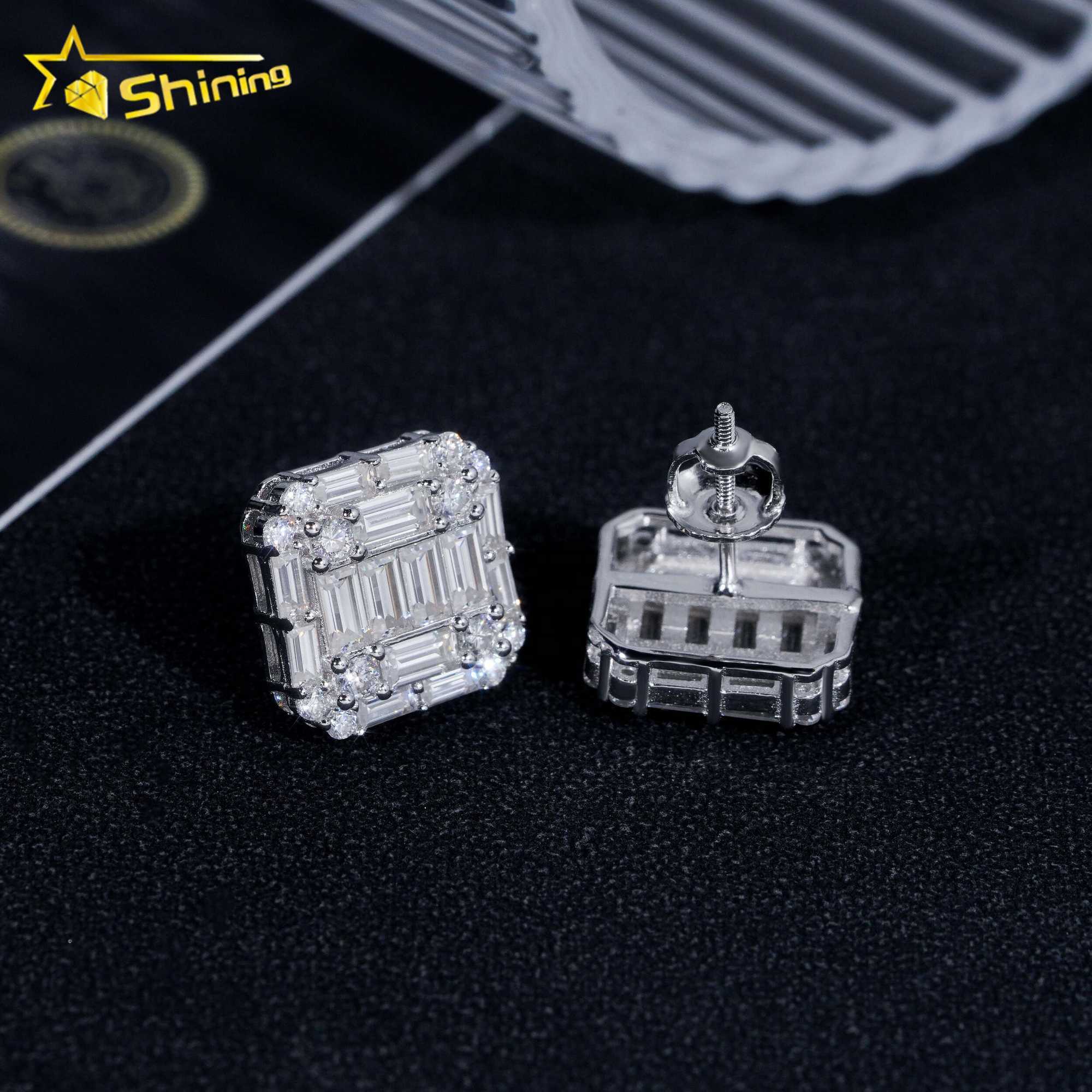 Wholesale Price Hip Hop Style Baguette Moissanite Square Shape 925 Silver Mens VVS Diamond Earrings