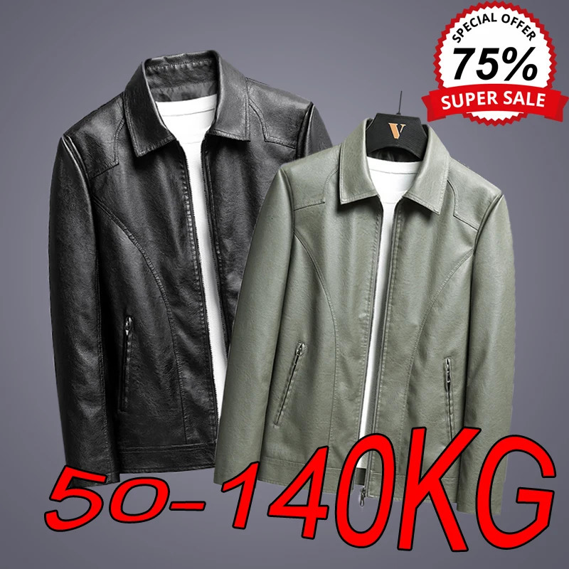 M8XL Mens Leather Jackets Autumn Winter Suit Collar Loose Middleaged Tops Fat Motorcycle Casual Plus Velvet Solid Color Coats 241202
