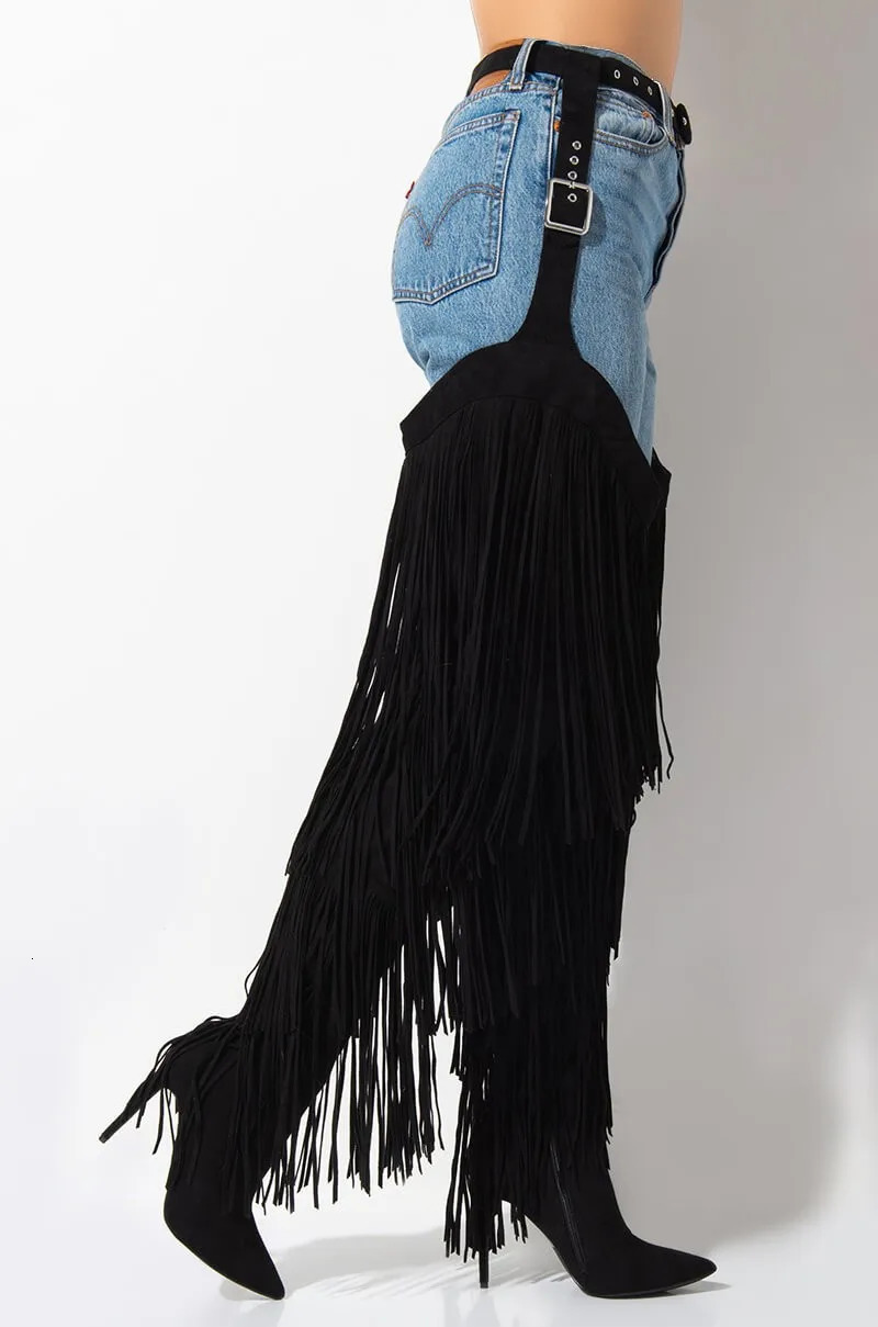 Fashion edge shoulder straps Chaps Over The Knee snake skin boots for women Pointed Toe Thigh long tassel high heels 241206 - view 3
