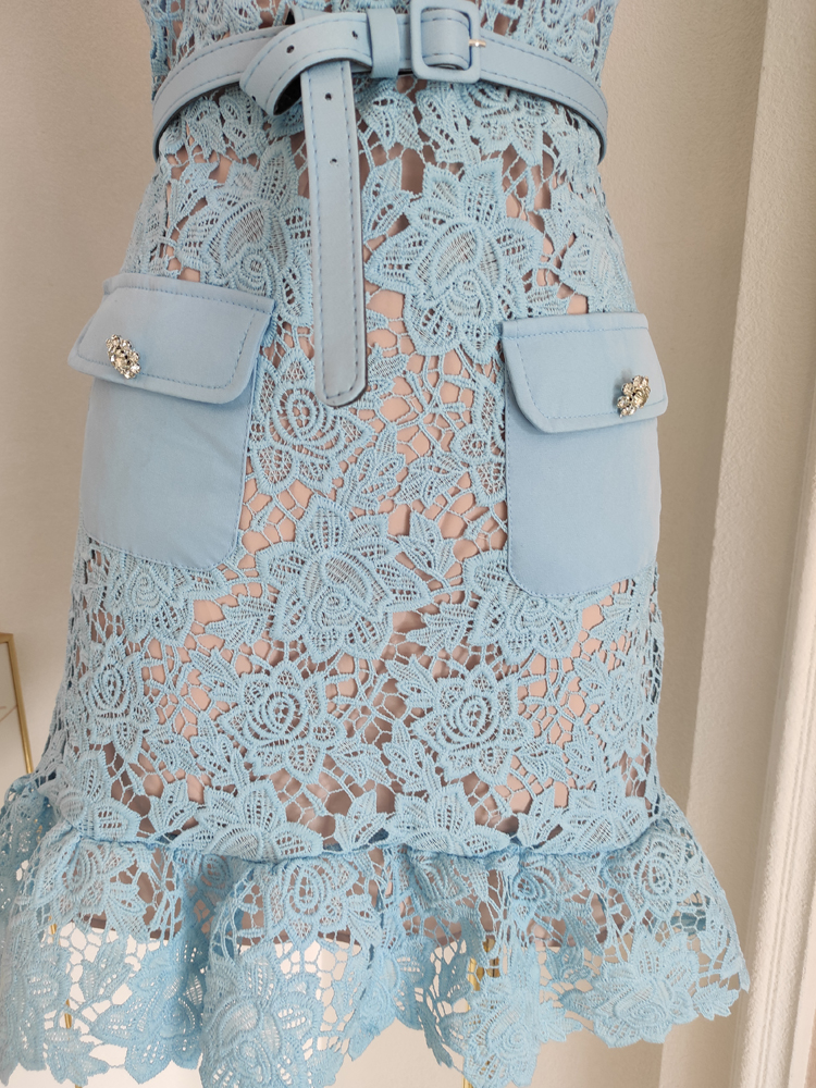 Basic Casual Women Dresses Summer Runway Hollow Out Flower Embroidery Lace Ruffles Mini Dress Womens O-Neck Diamonds Buttons Belt Party Short Vestidos