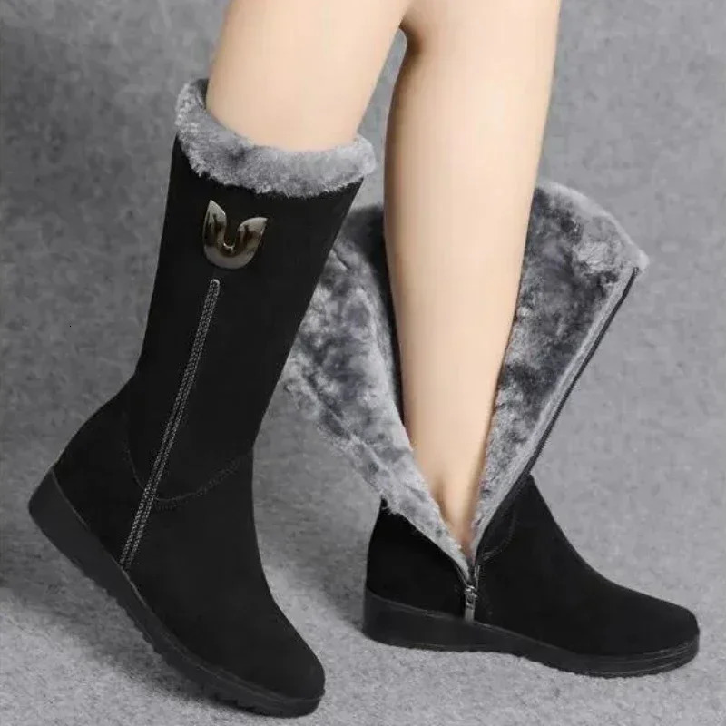 Fashionable womens warm Chelsea high wool leather boots 2024 midrange plush snow flat Zapatos Para Mujeres 241206