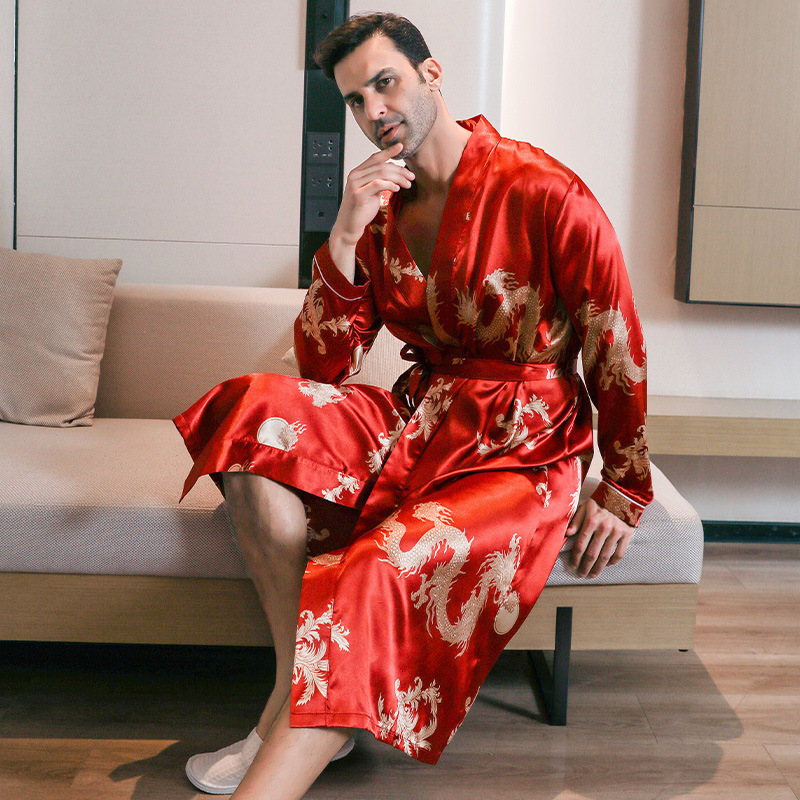 2025 fashion Designer s new spring and autumn men s thin ice long sleeved pajamas summer cool simulation silk home clothes plus size bathrobe
