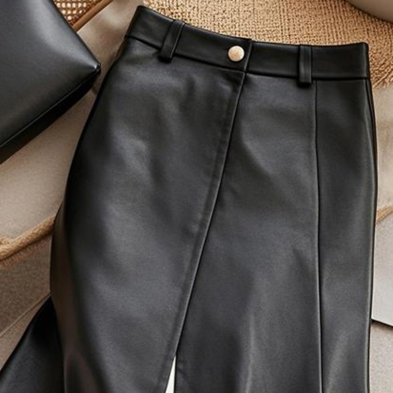 Leather Women Skirts Ruffles Contrast Color Patchwork Faldas Mujer High Waist Korean Fashion Retro Winter Long Skirt