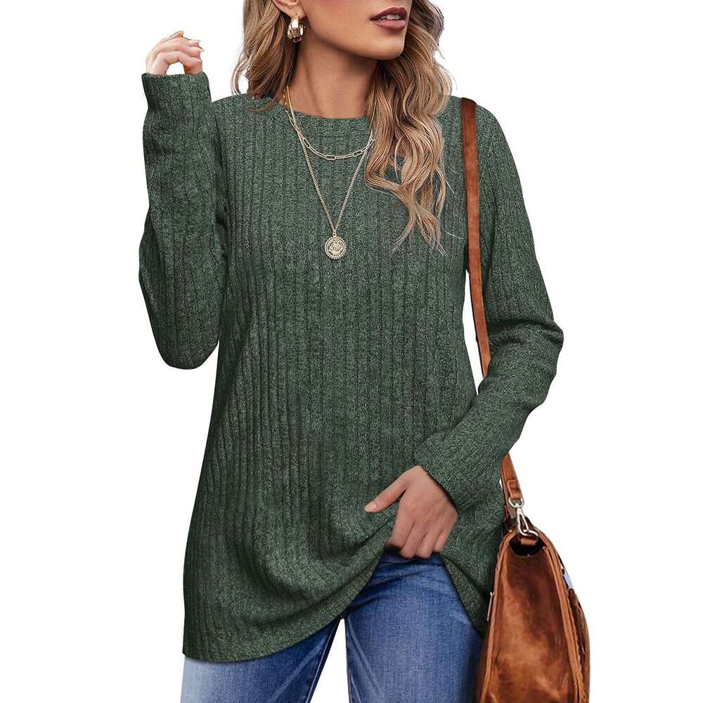 European American autumn and winter round neck brushed pit stripe solid color top long sleeved T-shirt for women 2024 temperament versatile new trendy