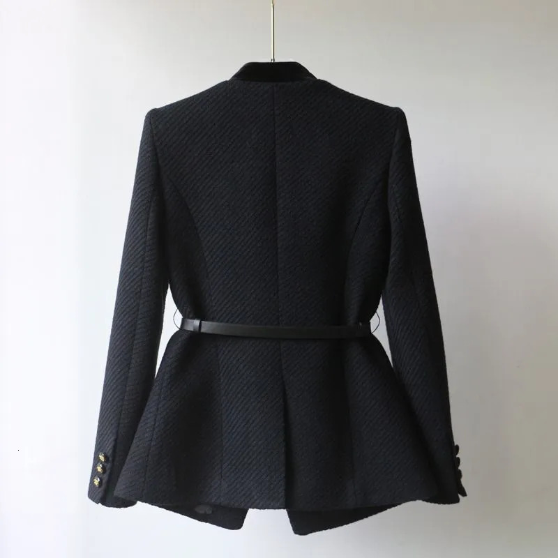 2024Autumn Winter Woolen Coat MidLong The Waist Fashion Women Button Pure Colour Black Temperament Outerwear Female 241202