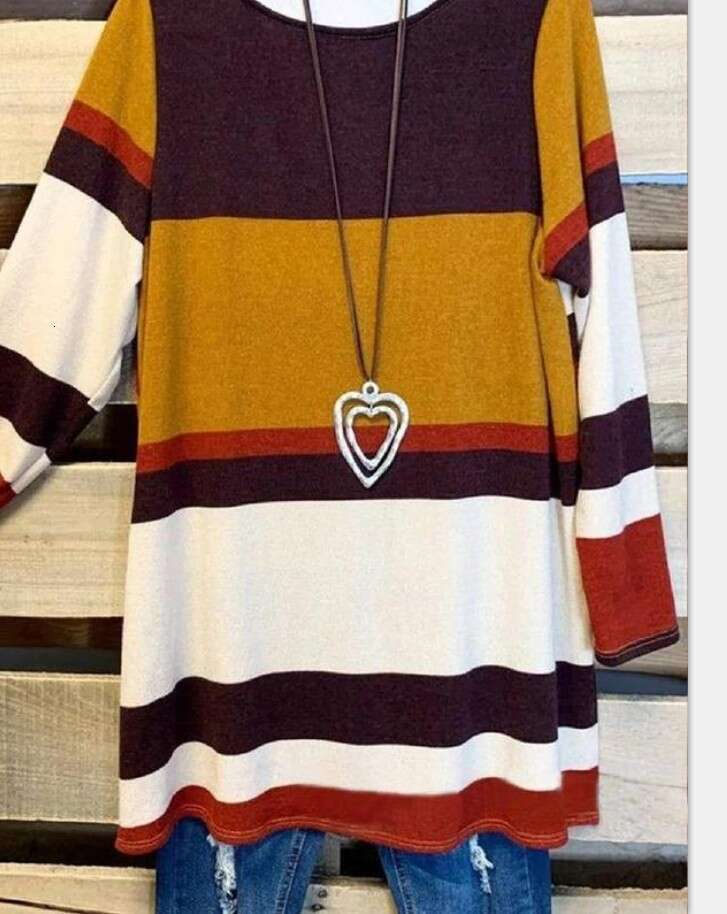 2020 Spri and Autumn loose fitti versatile red striped round neck temperament commuti slimmi lo sleeved purple rice 2024 new style chic elegant