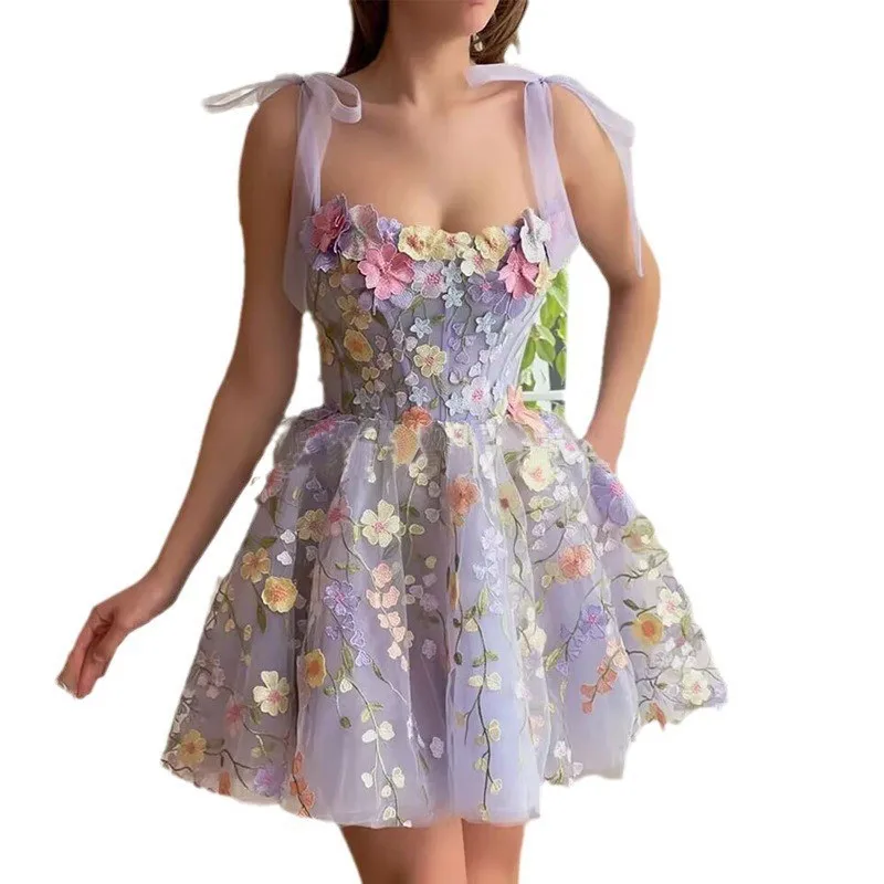 Basic Casual Dresses Designers Evening Prom Holiday Dress For Women Formal Occasions 3D Flower Embroidery Straps Bow Sexy Tulle Lace Vest
