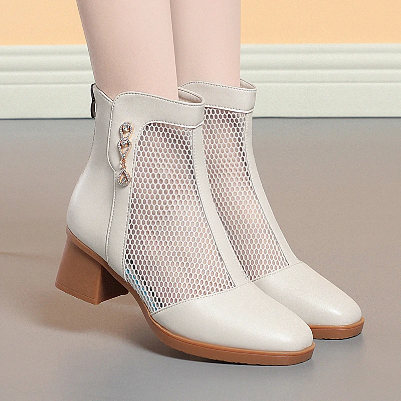 AIYUQI Women Summer Boots Spring Casual Women Mesh Boots Genuine Leather British Style Mesh Boots Women