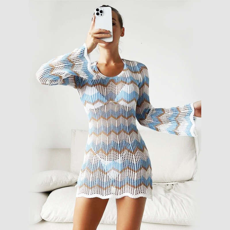 European and American autumn knitted dress women's long sleeved striped contrasting backless lace up sexy hip hing short skirt 2024 new casual ve