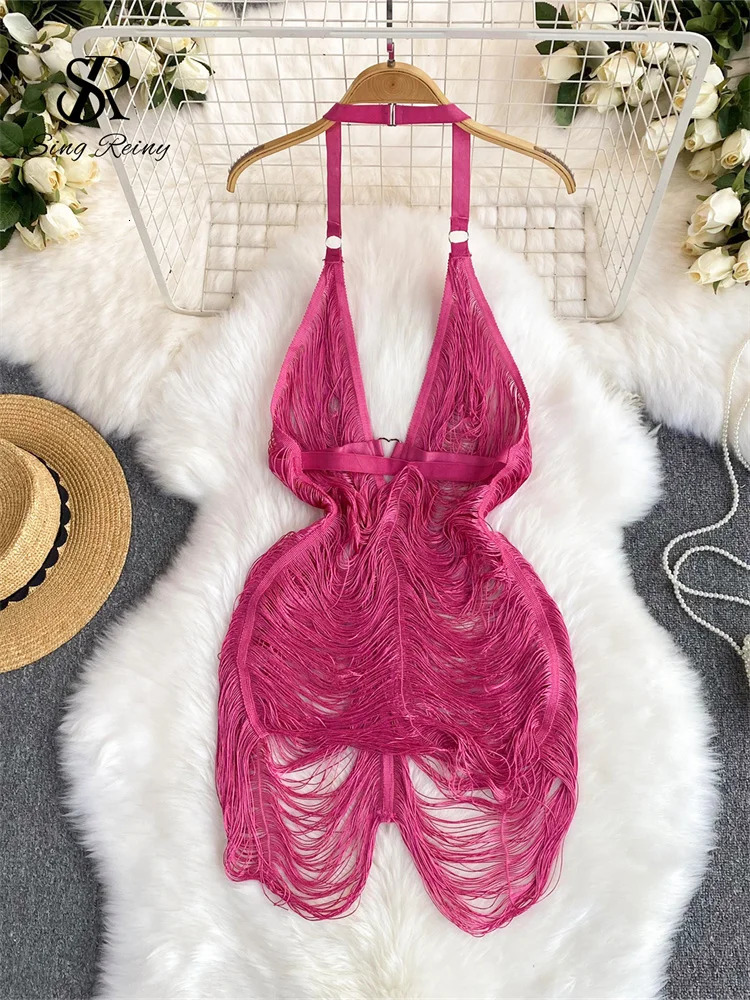 Singreiny Fashion Tassel Sheer Sexy Dress Halter Deep Vneck Hollow Transparent Beach Y2K Sex Nightclub 241206