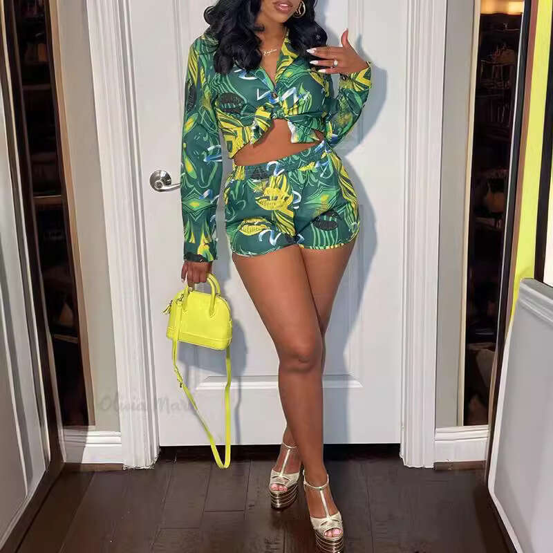 summer European and American printed long sleeved shirt shorts casual set 2024 temperament versatile new trendy clothing ins