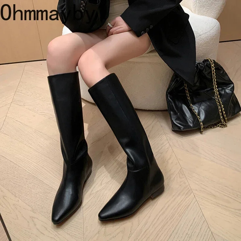 Retro Womens Knee High Boots Fashion Slippery Long Boots Autumn Winter Low Boots Womens Warm Short Fur Velvet Shoes 241205