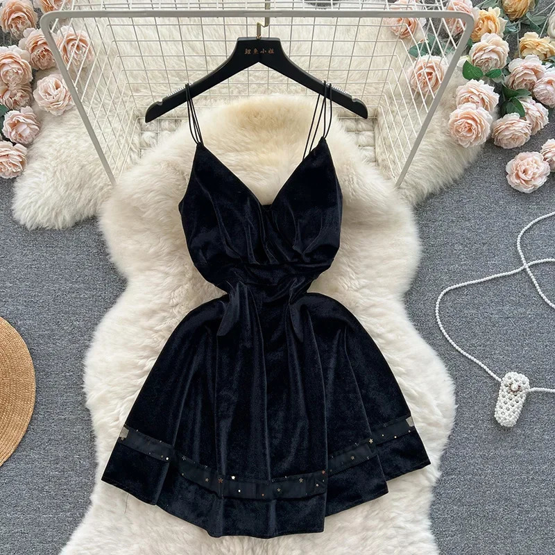 Womens Mini Party Dress French Retro Black Red Pendant Velvet Dress Waist Womens Sexy Short Skirt A63 241206