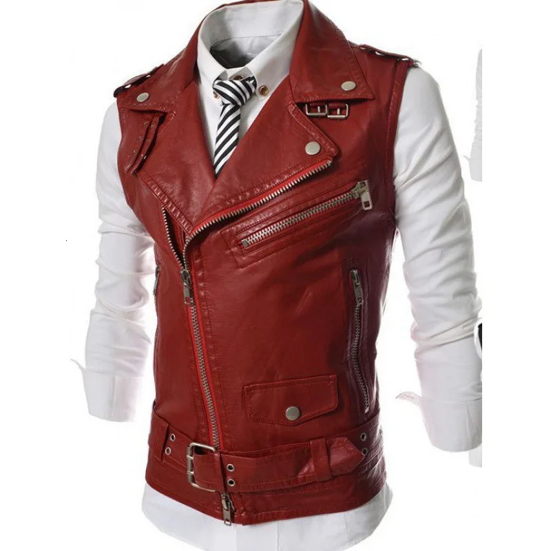 Mens Sleeveless Motorcycle Jacket Vest with Zipper PU Leather Slim for Early Spring and Autumn 241202