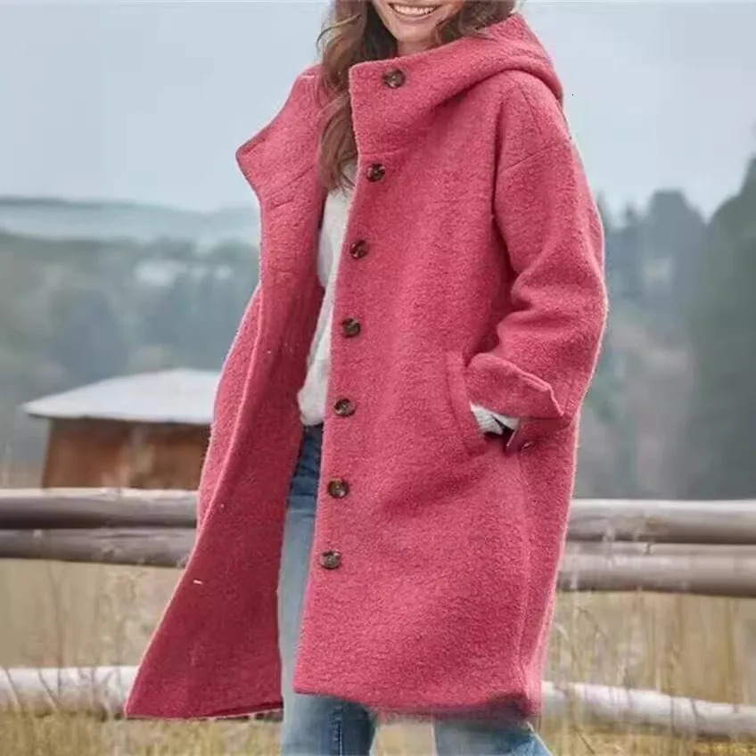 Fashionable Womens Woolen Coat Solid Color Hooded Temperament Long Jacket 241202