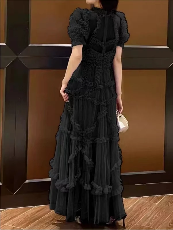 Basic Casual Dresses Summer Quality Vintage Summer Holiday Layers Ruffle Cake tulle Long Dress Women Blue Dots Elegant Party Evening Vestidos 2025