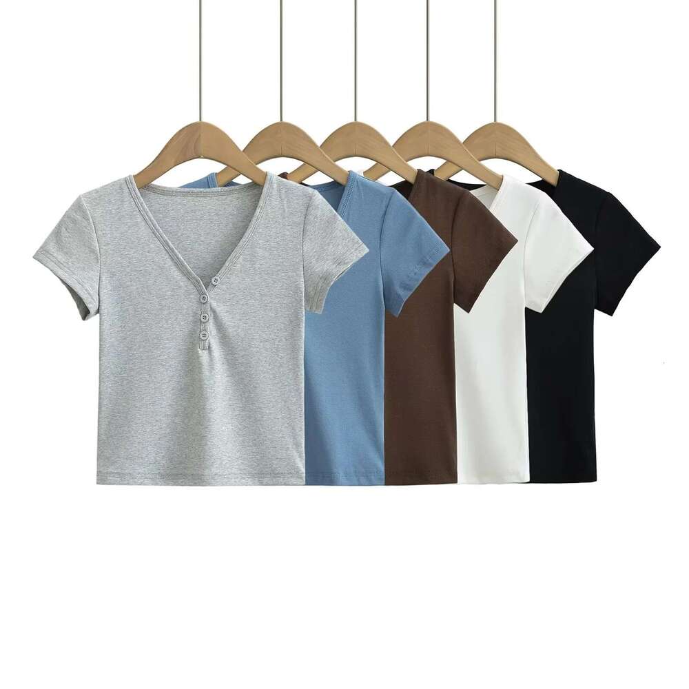 Kardashian's same American V-neck button slim fit T-shirt for women's summer solid color high waist tight short sleeved top wholesale 2024 t