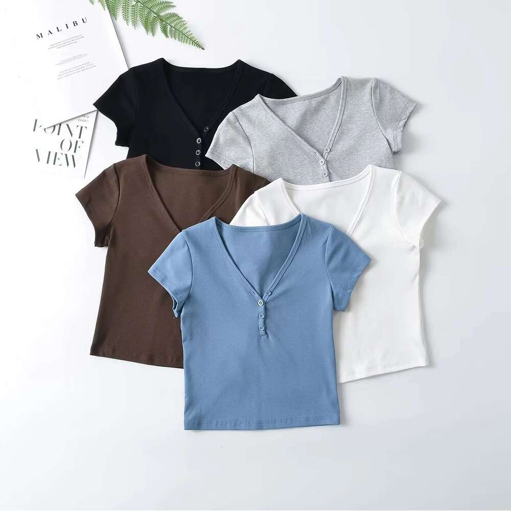 Kardashian's same American V-neck button slim fit T-shirt for women's summer solid color high waist tight short sleeved top wholesale 2024 t