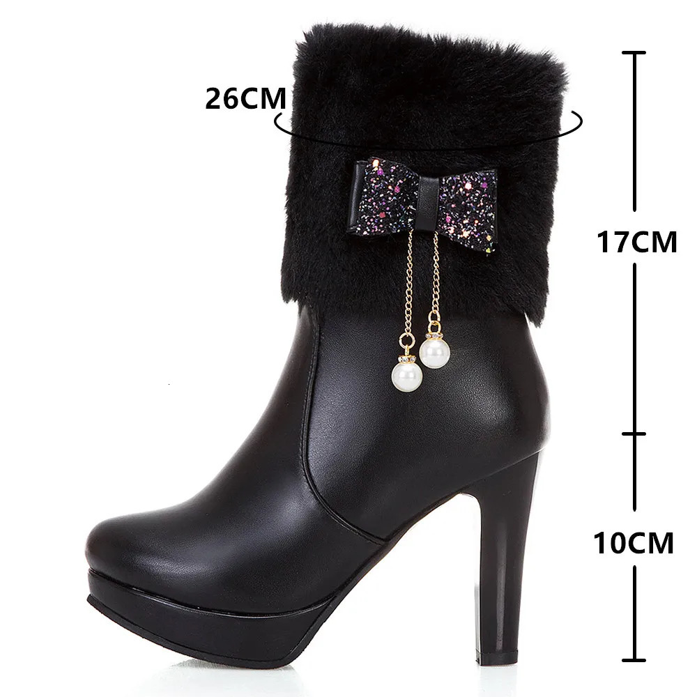 Winter womens warm fur boots foot high heels shoes bow chain pearl short Plus size 3243 white 241206