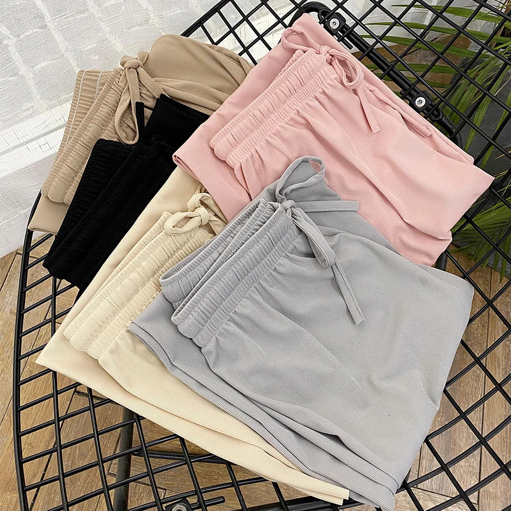 Women AnkleLength Wide Leg Pants Casual Summer Solid Elastic Waist Loose Ice Silk Spring Female Trousers 241203