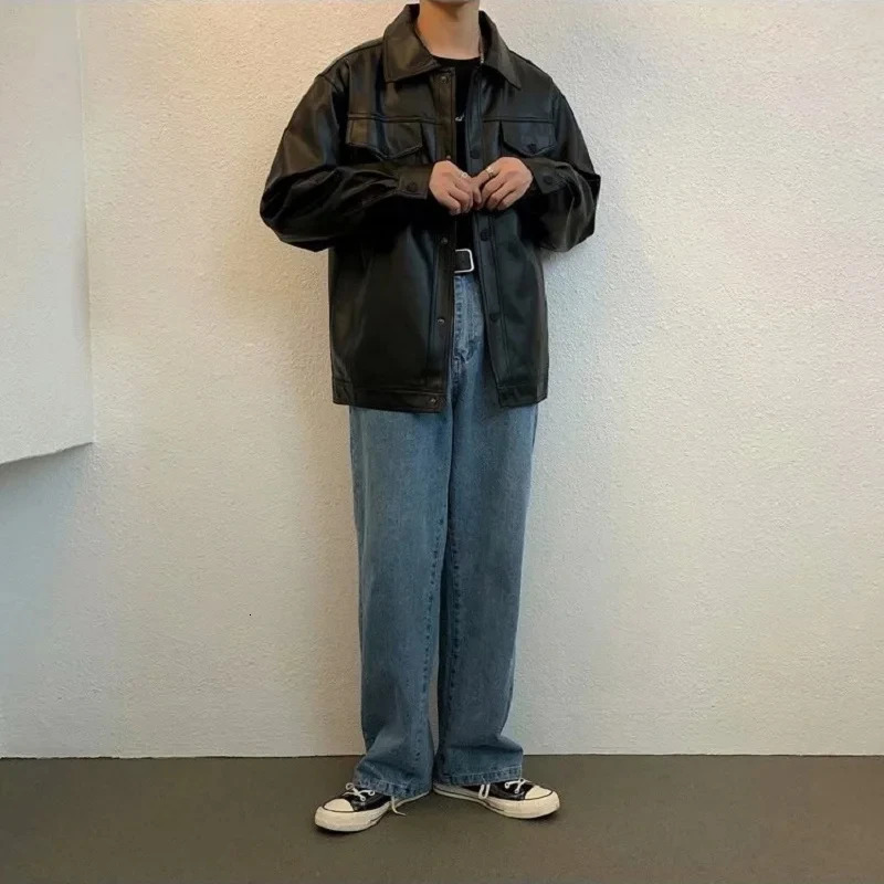 Y2k Fashion Harajuku Loose Leather Boys Handsome Trend Motorcycle Coat Korean Version Of Ins Street Plankton Jacket 241202