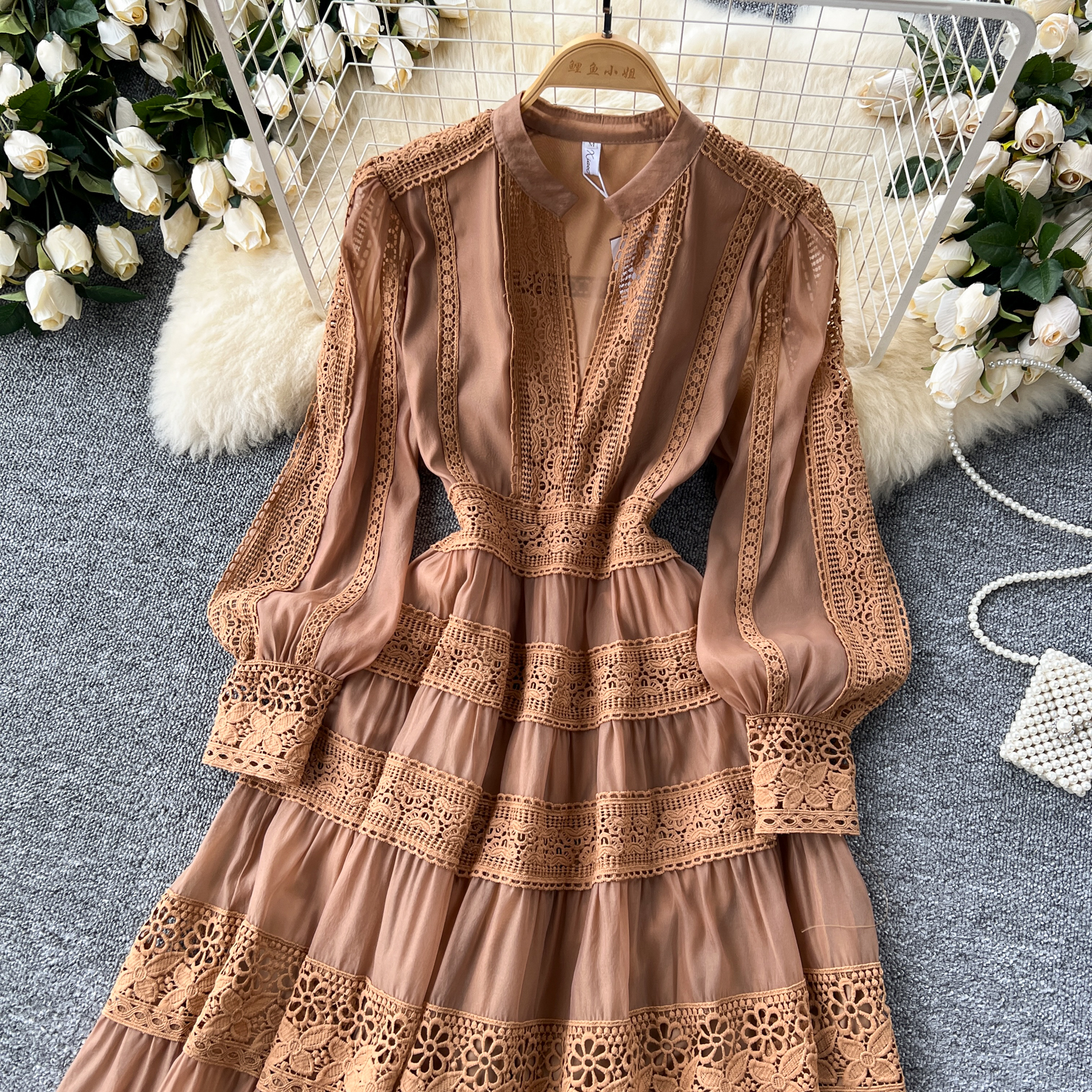 Casual Dresses Women Spring Holiday Hollow Out Embroidery Lace Splice Long Dress Women's V Neck Lantern Sleeve Zipper Evening Party Robe Vestidos
