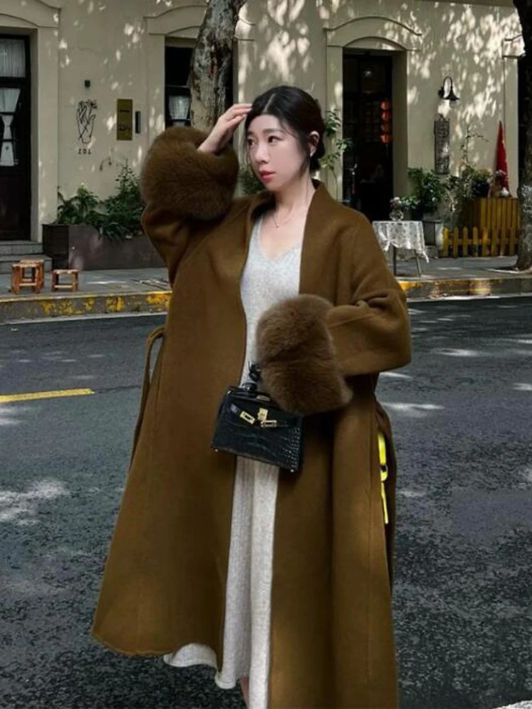 2024 Warm Long Coat With Belt Womens Elegant Wool Blend Trench Winter Clothes Fashion Outerwear 241202