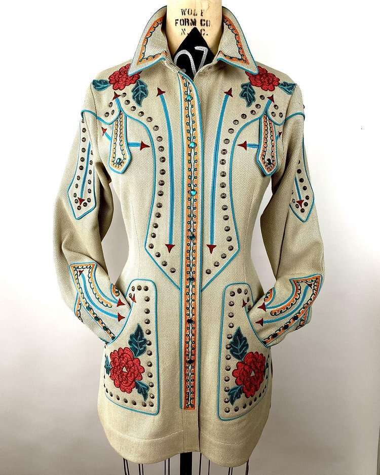 European and American women's retro printed medium long slim fit top jacket 2024 temperament versatile new trend clothing ins