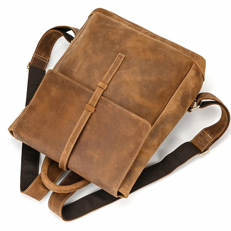 High quality retro mens casual backpack top denim notebook bag crazy horse leather bag 241206