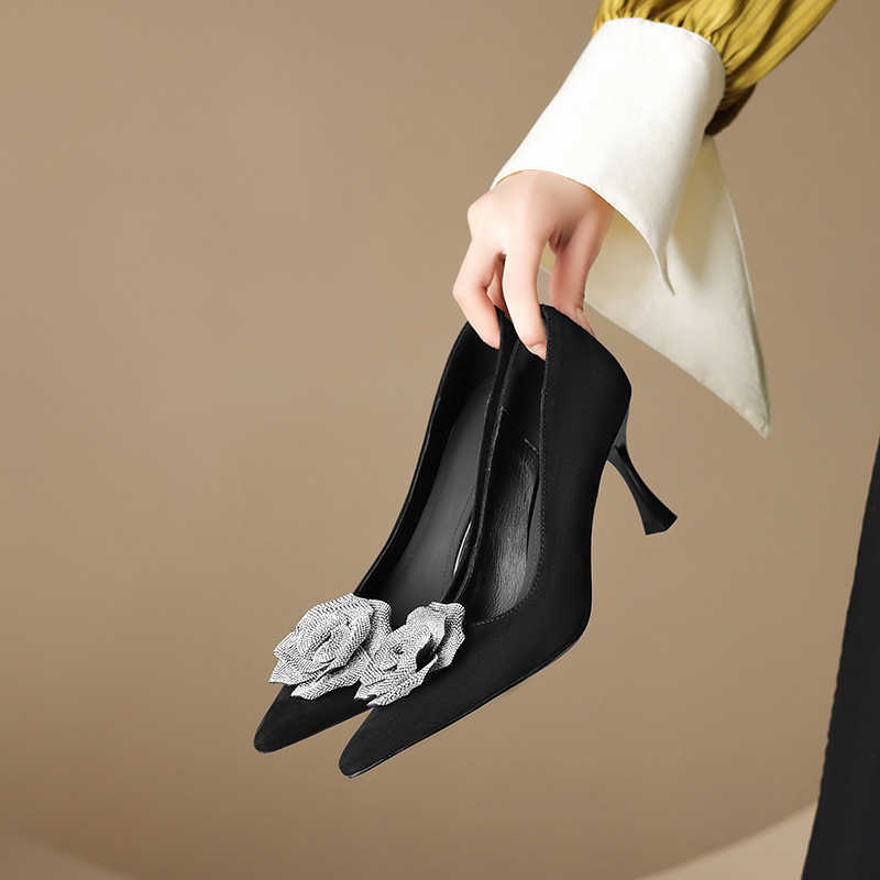 High Heels Female Pointed Spring New Fashion Single Shoes French Flower Evening Dress Shoes