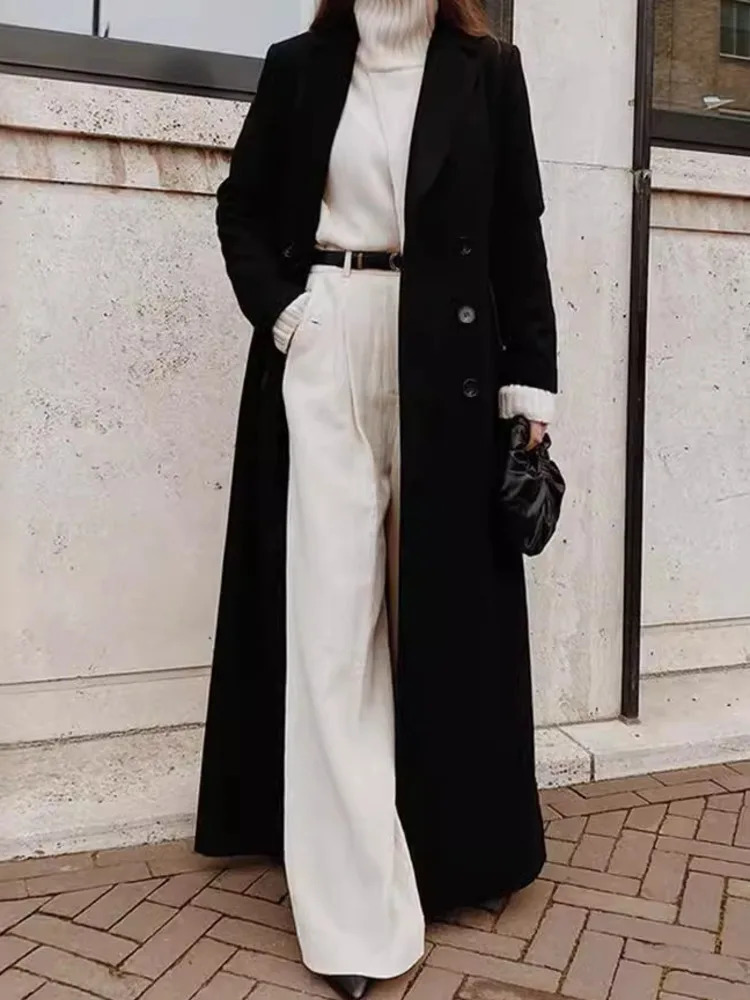 DFDG 2024 Women Retro Style Straight Tube Super Long Temperament Over The Knee Wool Trench Coat Black Suit Jacket Woman 241202