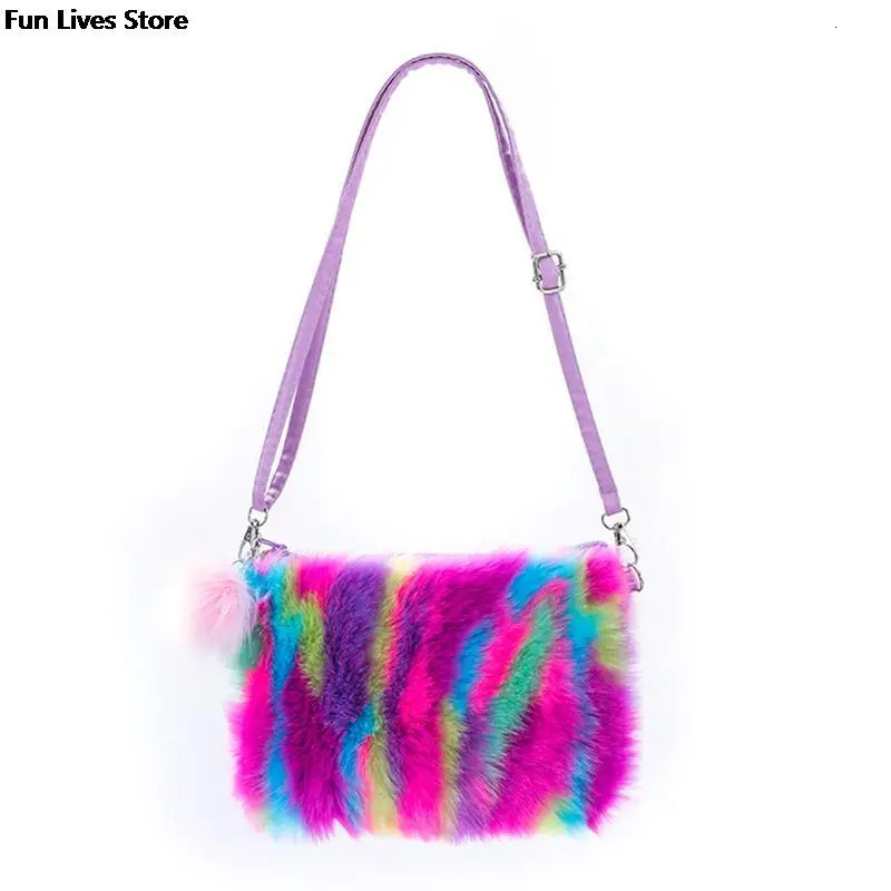 Rainbow Plush Shoulder Bag Colorful Fur Handbag Womens Fashion Cross body Girls Can Be Mischievous with 241206