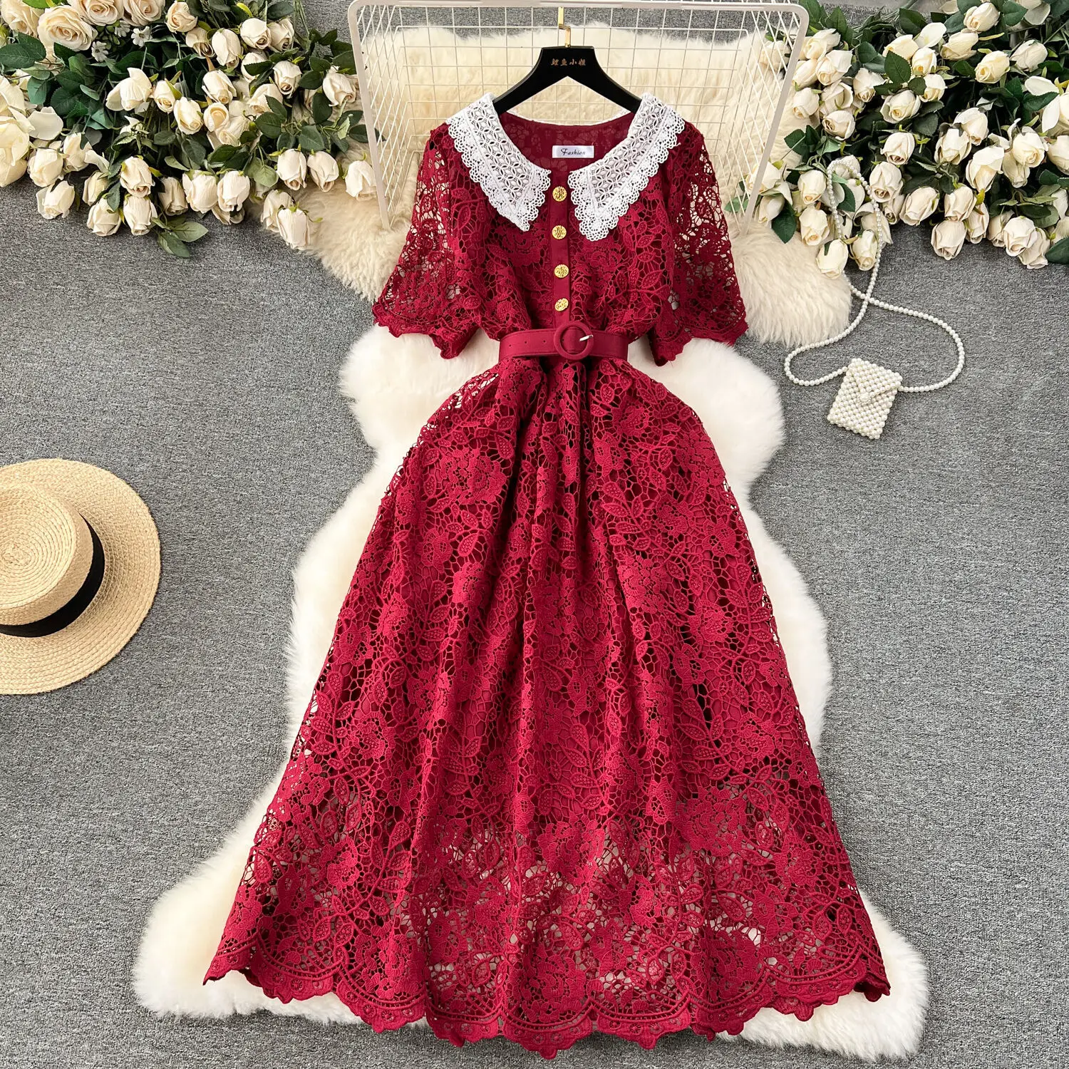 Basic Casual Dresses Vintage Summer Autumn Lace Evening Long Dress Women Short Sleeves Single Breasted Peter Pan Collar Midi Vestidos Party Robe 2025