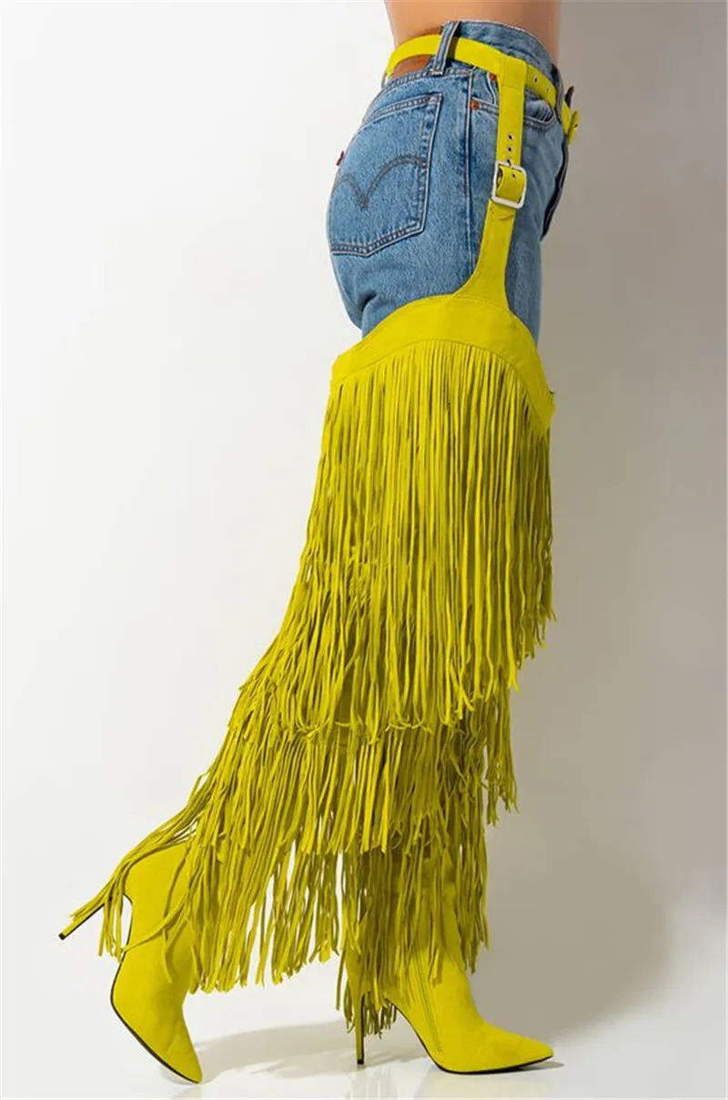 Fashion edge shoulder straps Chaps Over The Knee snake skin boots for women Pointed Toe Thigh long tassel high heels 241206 - view 4