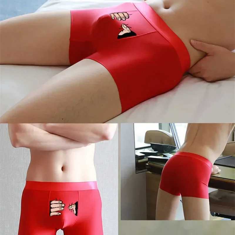 Mens ice silk four cornered pants with interesting personality cartoon flat underwear ultra-thin printed new style X241207