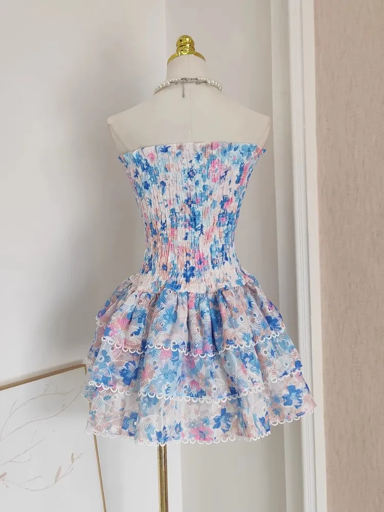 Urban Sexy Women' Dresses Summer Sundress Sexy Embroidery Floral Short Cake Dress Women Beach Halter Backless Stretch Flower Ruffles Layer Party 