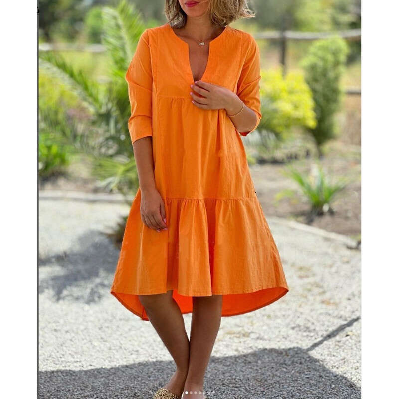 summer European American women's fresh sweet V-neck solid color cotton and en large swing long dress 2024 new casual fashion trend clothing