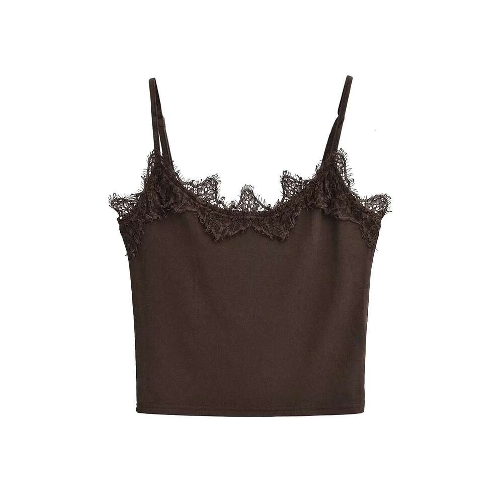 Spicy Girl Retro Lace Edge Bottom Small Women's Summer Elastic Slimming Short Strap Tank Top Trendy 2024 New Style Stylish and Elegant Clothing