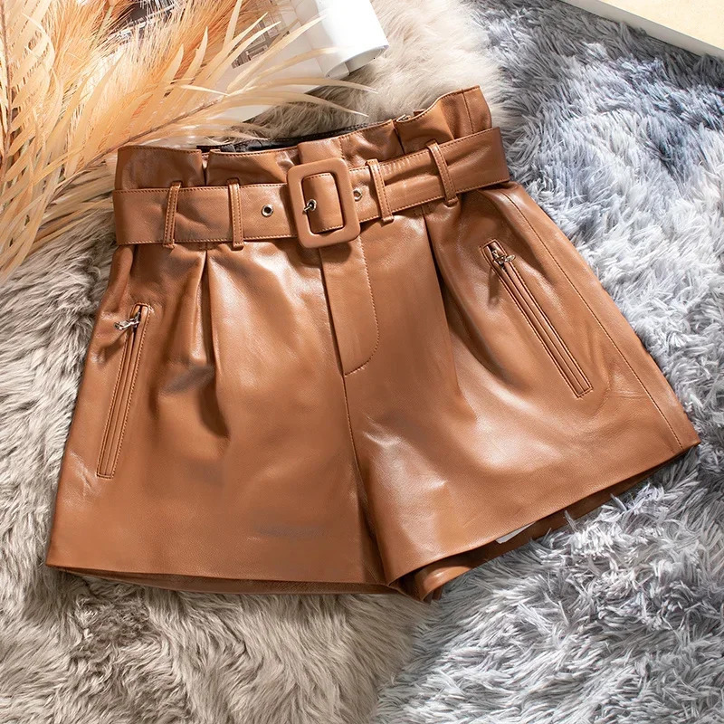 Womens High Waist Shorts Summer Real Sheepskin Womens Ultra Thin Leather Shorts Ropa Para Mujer Zjt2444 241206