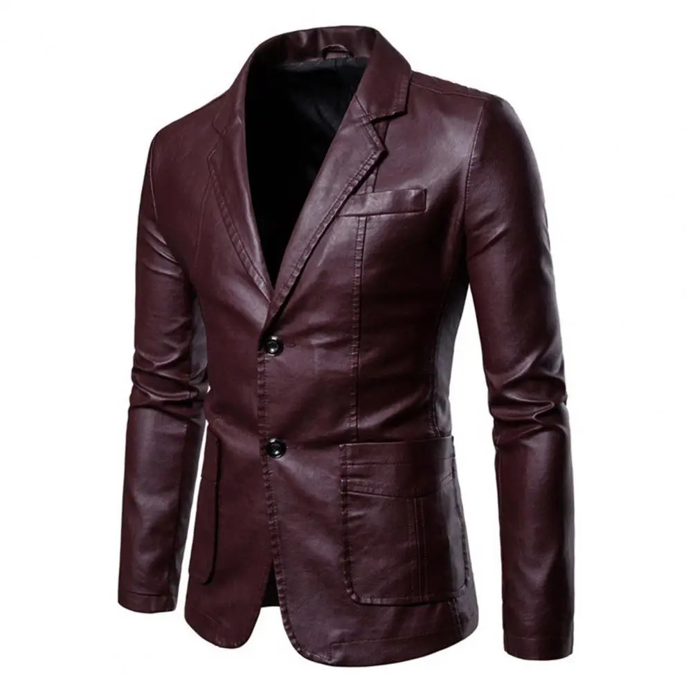 Faux Leather Men Blazer Jacket Formal Business Suit Coat Lapel Long Sleeve Pockets Singlebreasted Outerwear 241202