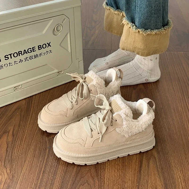 Winter New Style Wens Lace-up Round Toe Low-top Plush Thick-soled Nonslip Boots Fion Designer Wens Vcani Shoes Z241208