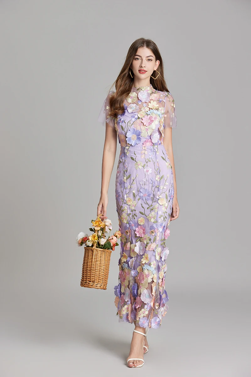 Basic Casual Dresses Summer Embroidery Lace Prom Dress Women French Luxury 3D Flower Fishtail Short Sleeve Long Dresses Party Bodycon Holiday Vestido
