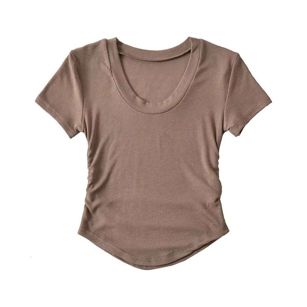 Wide round neck slim fit curved edge T-shirt for women in summer 2024, 12 color elastic tight fit, slimming high waist short sleeved top, 2024 new sty